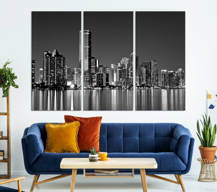 The Miami City Wall Art Canvas Print, a stunning triptych of the Miami skyline, elegantly hangs in this modern living room.