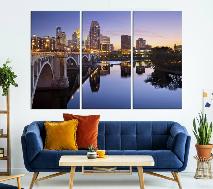 Display the Minneapolis Wall Art Canvas Print, featuring the Minnesota cityscape at dusk, on gallery-wrapped, museum-quality canvas.