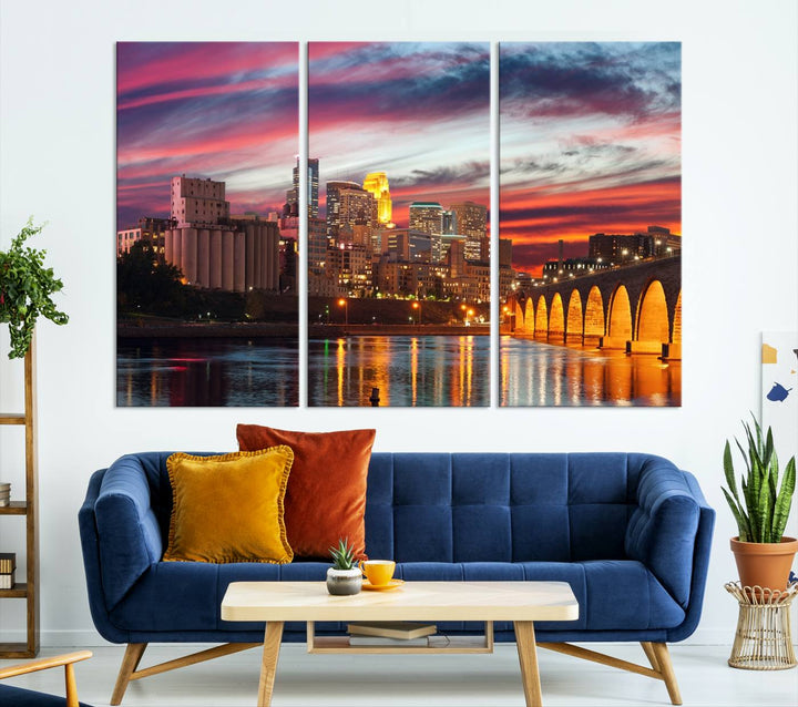 The "Minneapolis Wall Art Canvas Print, Minnesota City Wall Art Print, Minnesota Cityscapes Wall Art" features a city skyline at sunset in museum-quality canvas prints. Transform your living space into a gallery with this stunning piece and enjoy free shipping.