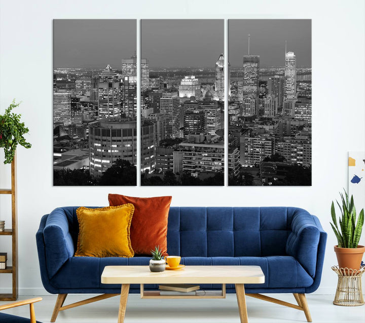 The gallery-wrapped, museum-quality canvas print features the Montreal Canada City Wall Art, showcasing a cityscape at night in black and white.