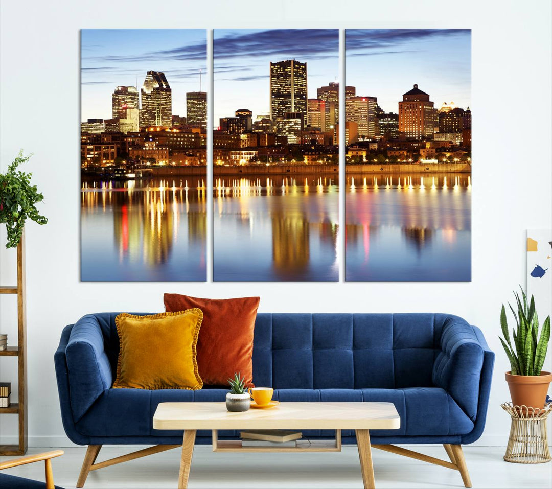 A Montreal Canada City Wall Art Canvas Print, depicting the cityscape at dusk and reflecting in calm waters, is crafted with museum-quality canvases and a UV-protective coating. This remarkable piece guarantees vibrant colors that remain stunning and ready to hang for years to come.