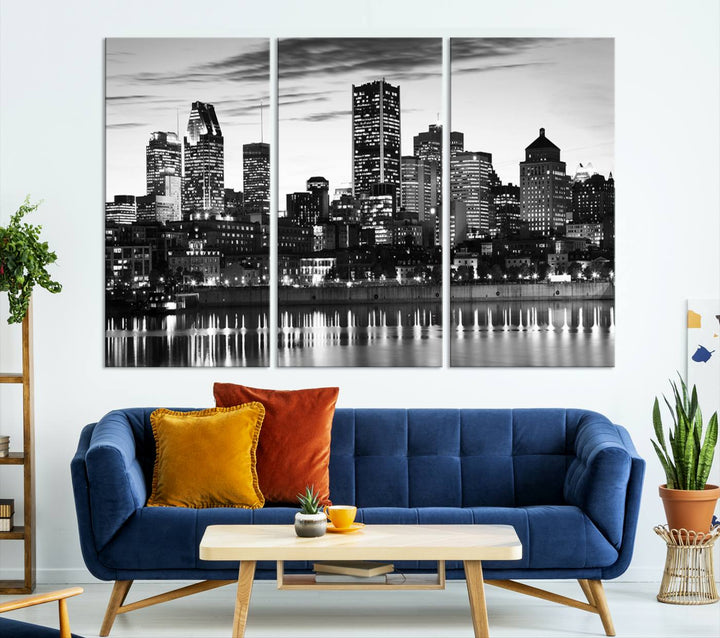 The contemporary living room features the Montreal Canada City Wall Art Canvas Print, an elegantly gallery-wrapped triptych on museum-quality canvas, prominently hung above.