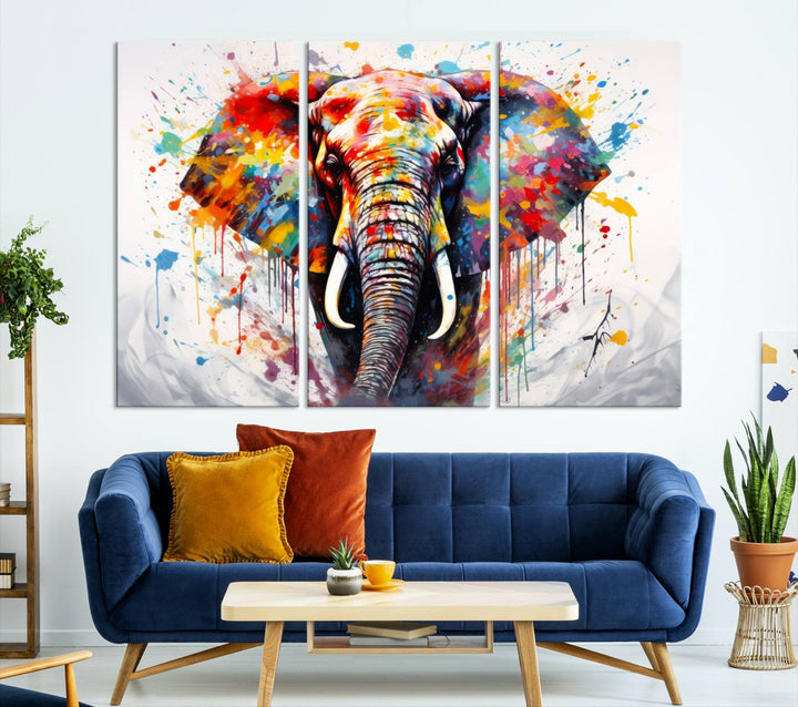 Impresión en lienzo de arte abstracto de pared de elefante de acuarela para decoración moderna del hogar, oficina, sala de estar y comedor