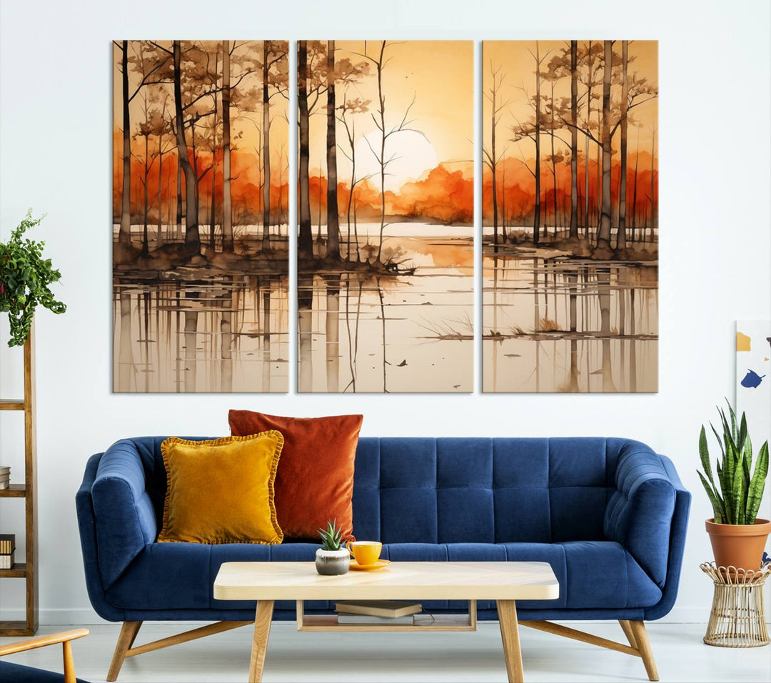 An Abstract Watercolor Trees and Sunset on Lake Wall Art Canvas Print, created on museum-quality canvas.