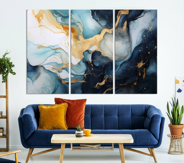 The living room is enhanced by the Marble Fluid Abstract Wall Art Canvas Print, which adds a touch of sophistication.