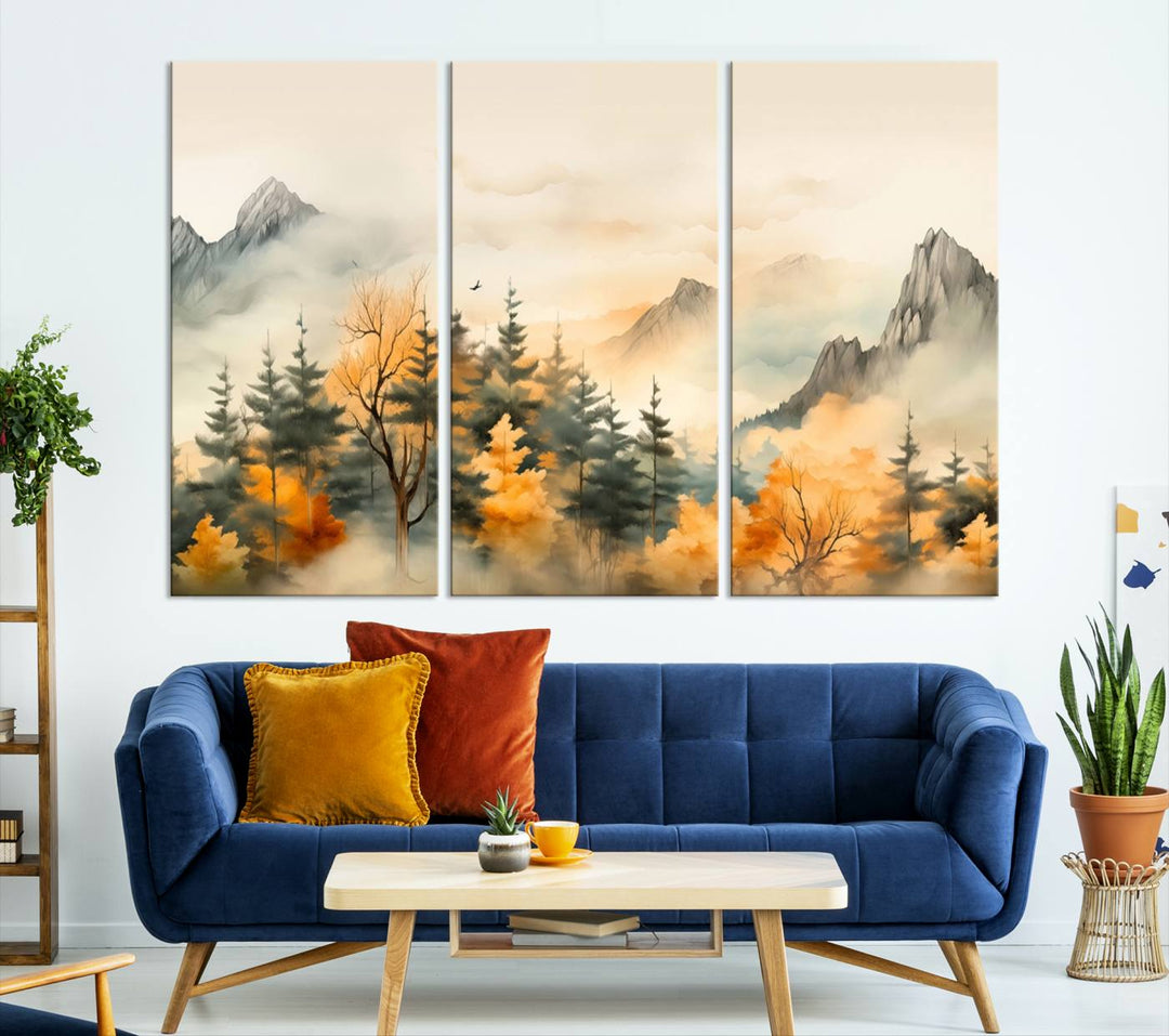 Gallery-wrapped on museum-quality canvas, the Abstract Watercolor Mountains and Trees Autumn painting displays a serene mountain landscape with autumn-colored trees.