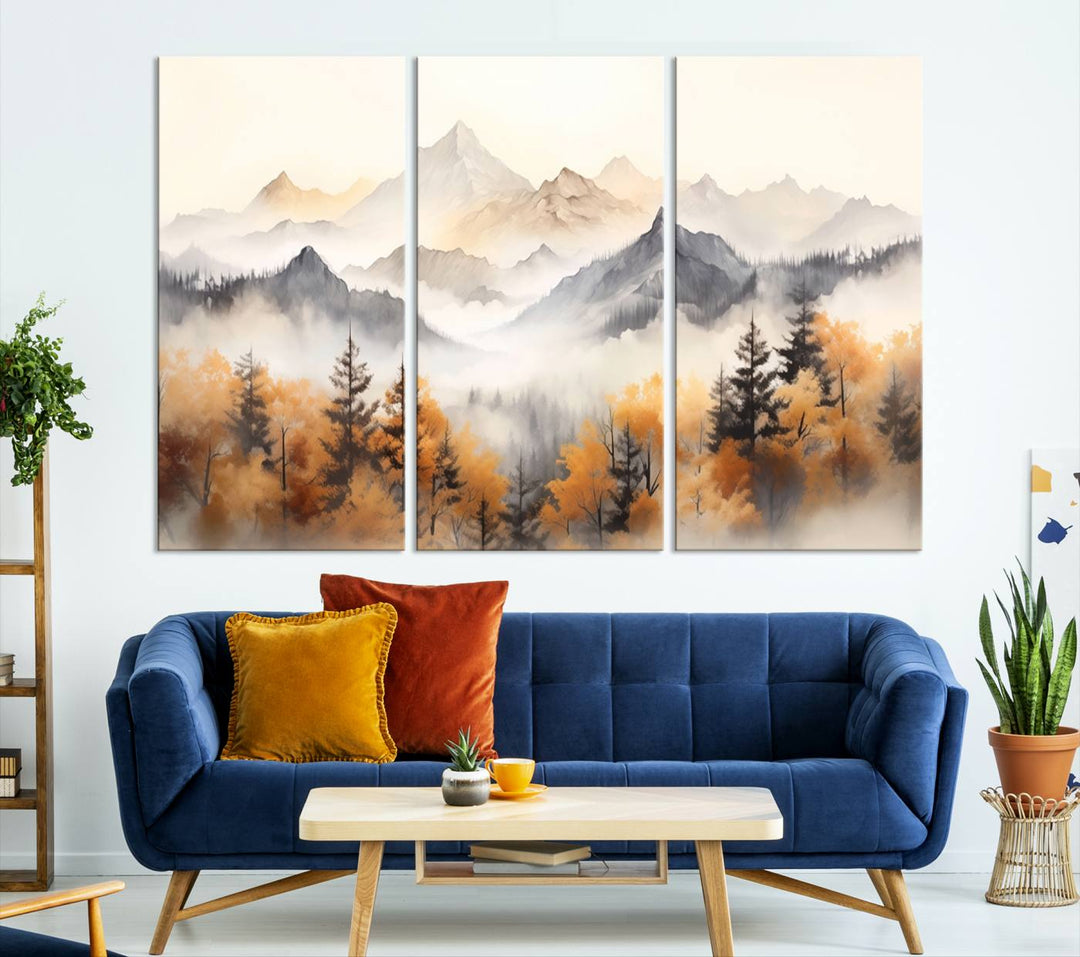 Impresión en lienzo de arte de pared minimalista de otoño de montañas y árboles de acuarela abstracta para decoración moderna del hogar, oficina, sala de estar y comedor