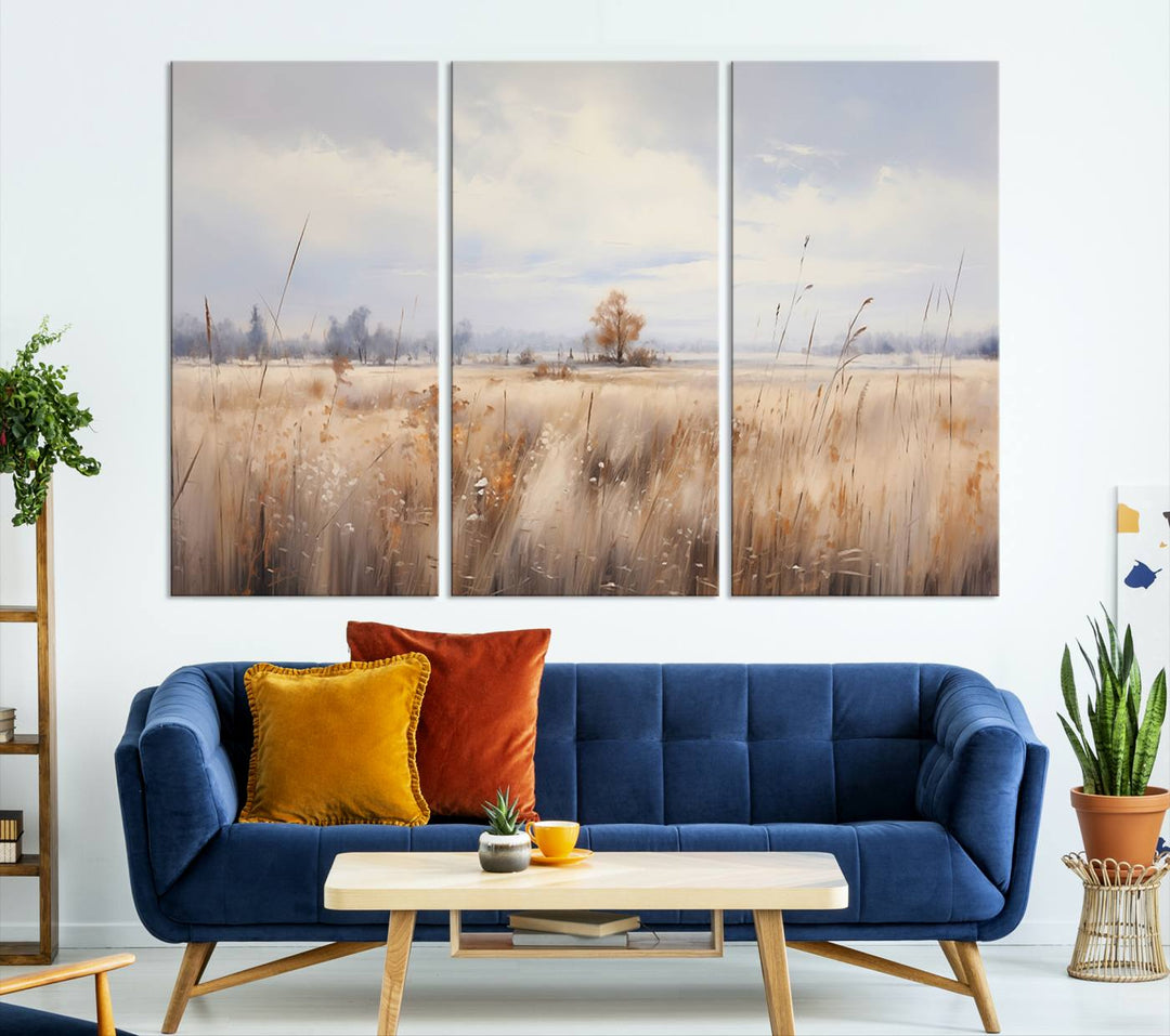 The modern living room features the Golden Fields Canvas Wall Art Print – Serene Landscape of Nature’s Tranquility in Minimalist for Farmhouse Decor, showcasing serene golden fields that enhance the calming ambiance.