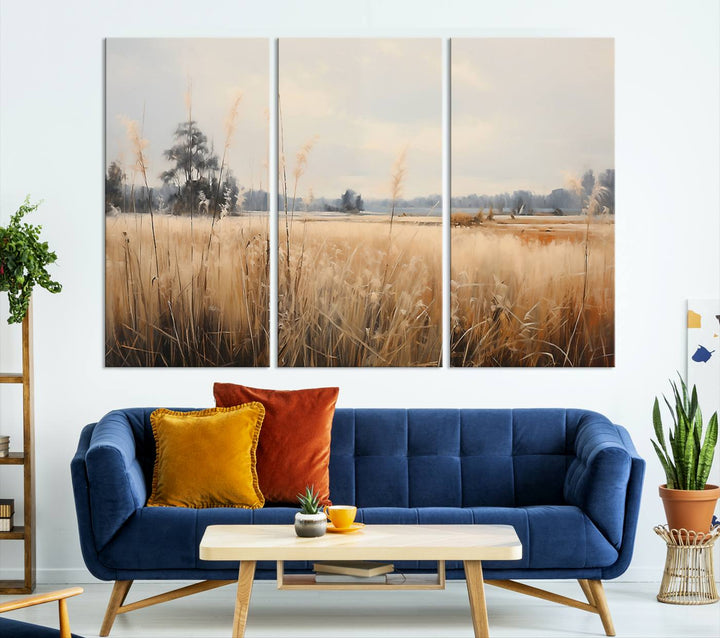 A Wildflower Field Landscape Oil Painting, showcasing a vintage art print of a serene field with tall grasses and distant trees, is beautifully presented on museum-quality canvases with gallery-wrapped edges.