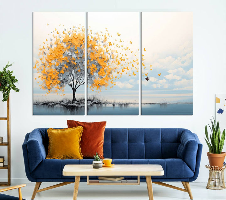 A Butterfly Tree Wall Art Canvas, featuring a modern tree adorned with yellow butterflies, decorates the wall.