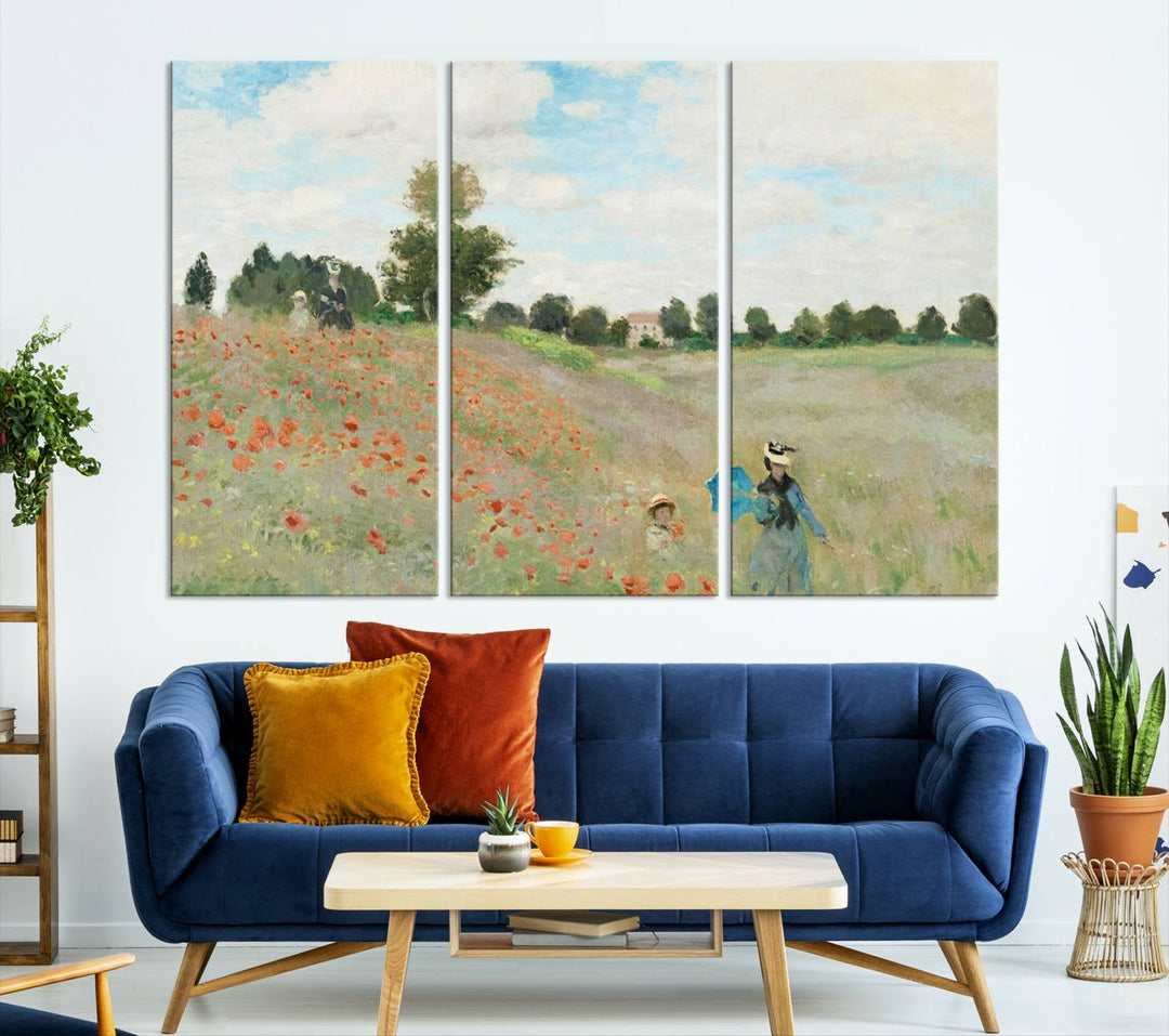 The Claude Monet The Poppy Field Canvas Print features a scene of a serene meadow with blooming flowers and a woman and child. It is printed on museum-quality canvas with UV-protective coating.