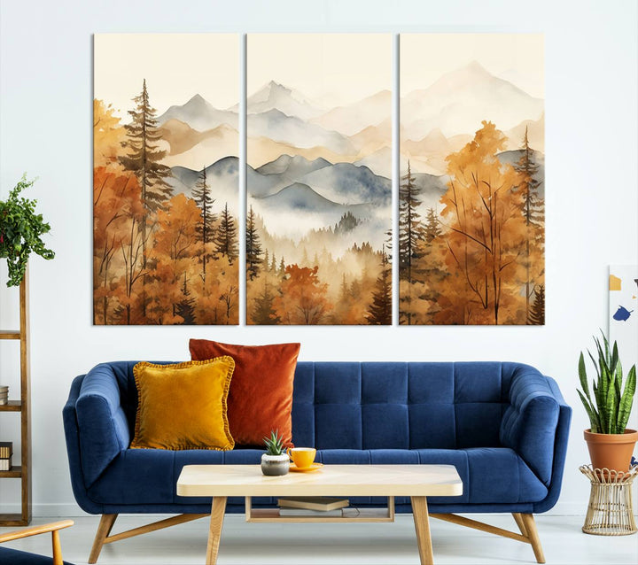 Abstract Mountain Mist Canvas Wall Art – Tranquil Autumn Forest and Misty Peaks - Ready to Hang