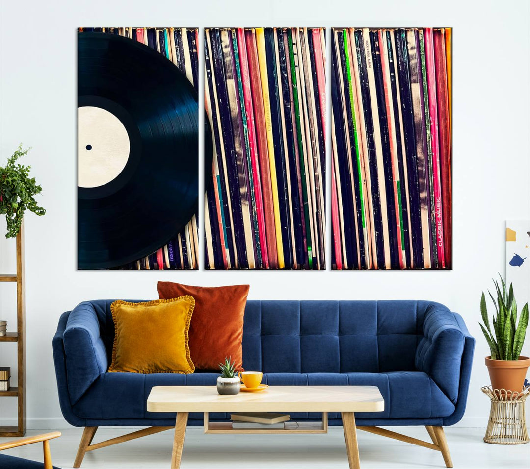 The room showcases the "Vinyl Record and Album Collection Canvas Wall Art," a perfect retro music decor piece for vintage vinyl lovers.