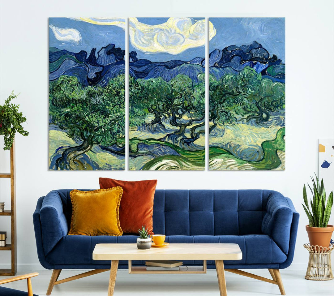 The Olive Trees Van Gogh Wall Art Canvas Print enhances the living room with its vivid landscape on museum-quality canvas, complete with a UV-protective coating.