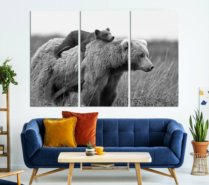 Baby Bear and Mom Bear Family Black & White Canvas Print Wall Art Canvas