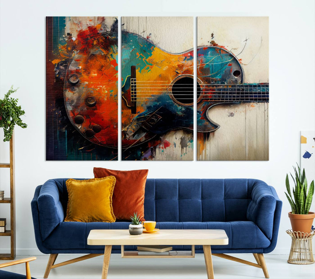 Abstract Guitar Wall Art Canvas | Vibrant Music-Inspired Art for Living Room or Studio | Colorful Music Decor Canvas Print