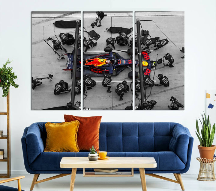 The RedBull Formula 1 Canvas Wall Art Print, a set of three gallery-quality pieces, elegantly adorns the wall.