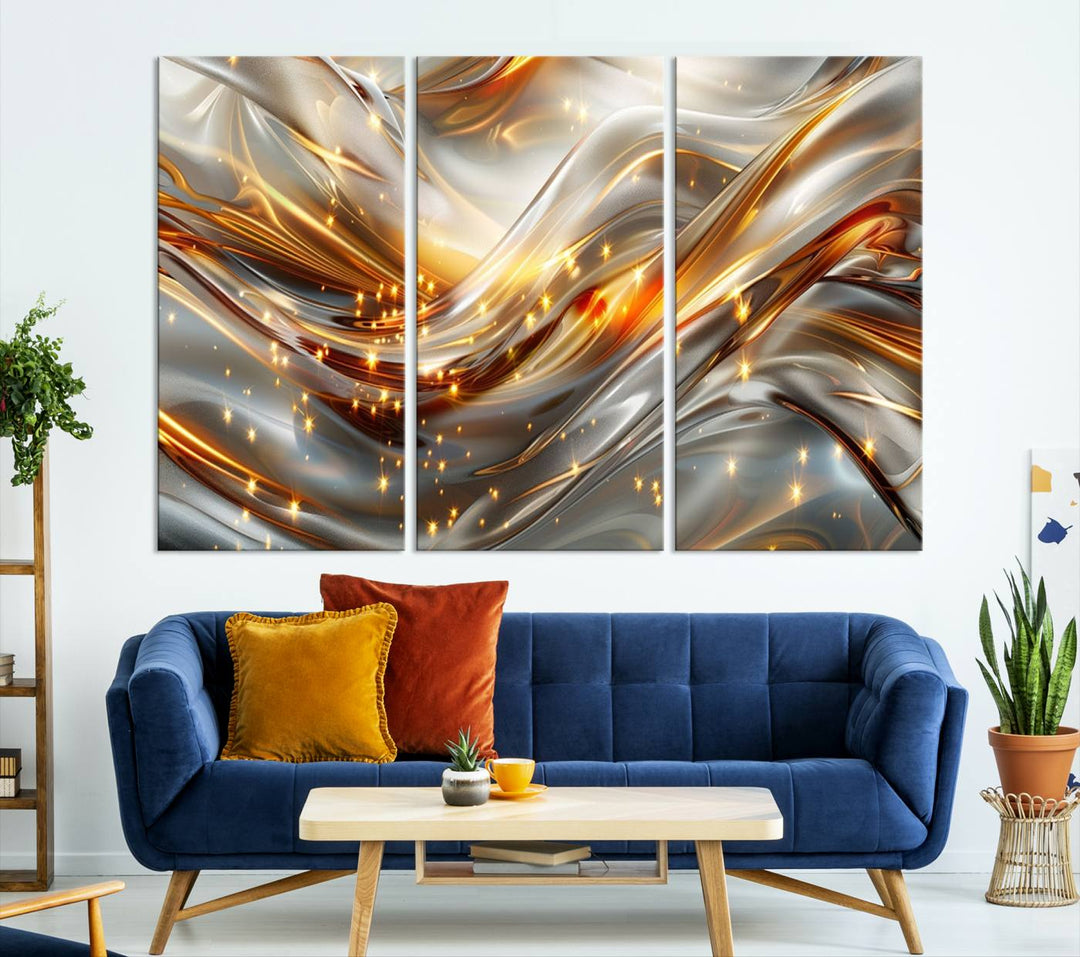 The Elegant Modern Gold Abstract Wall Art - Premium Framed Canvas Print for Home & Office Decor showcases a captivating triptych with swirling metallic designs and golden sparkles, perfectly enhancing contemporary interiors.