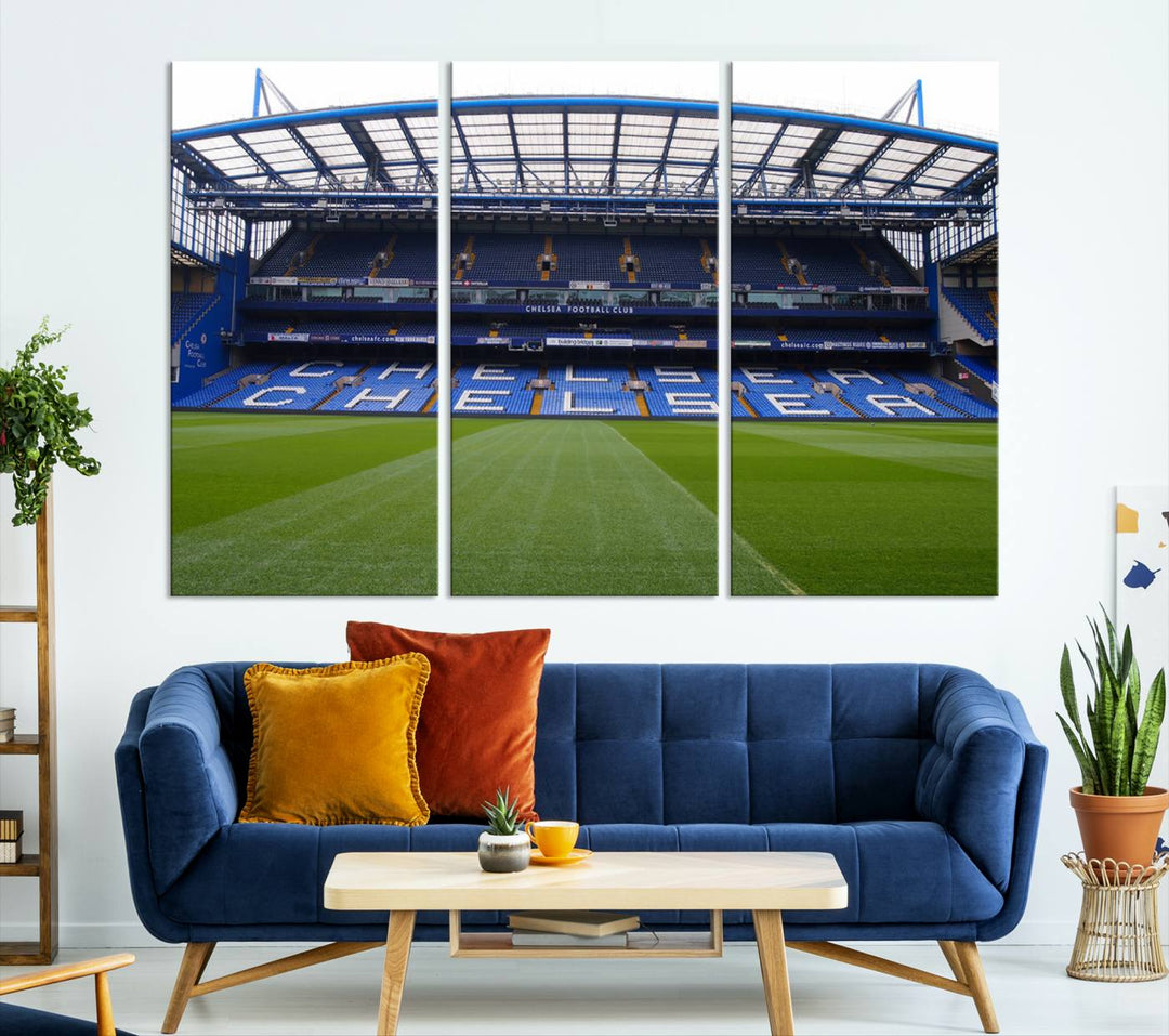 The Chelsea FC Soccer Team Print - Stamford Bridge Stadium Wall Art Canvas Print hangs elegantly, bringing the thrill of the game into your living room.