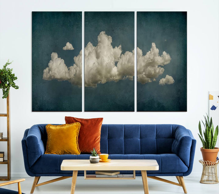 The Vintage Green Clouds Wall Art Canvas Print, set against a teal backdrop, showcases breathtaking canvas artwork with a gallery-quality finish.