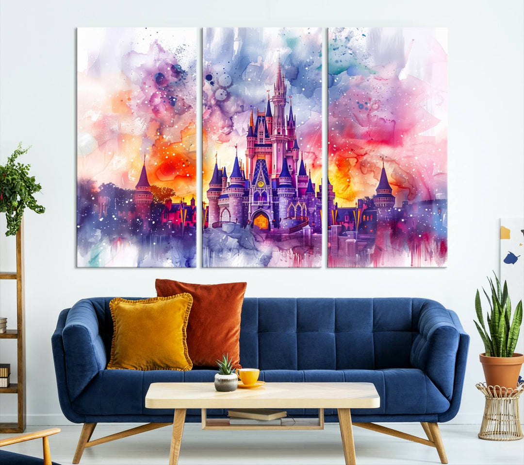 A vibrant piece of wall art depicting the Cinderella Castle from Disneyland, presented as a watercolor painting on premium canvas, is displayed.