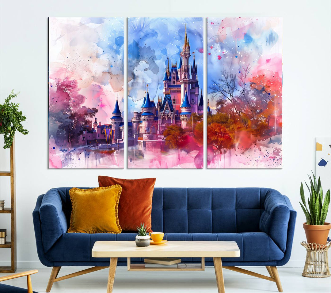 The Disney Wall Art: Dreamy Watercolor Cinderella Castle Canvas Print features a fairy-tale castle with vibrant pink, blue, and purple hues. Expertly handmade in the USA, this premium canvas wall art adds a touch of enchantment to any room.