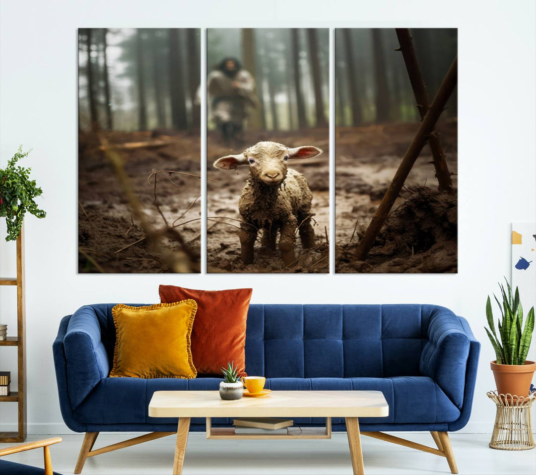 Jesus Running After a Lost Lamb Canvas Wall Art Print