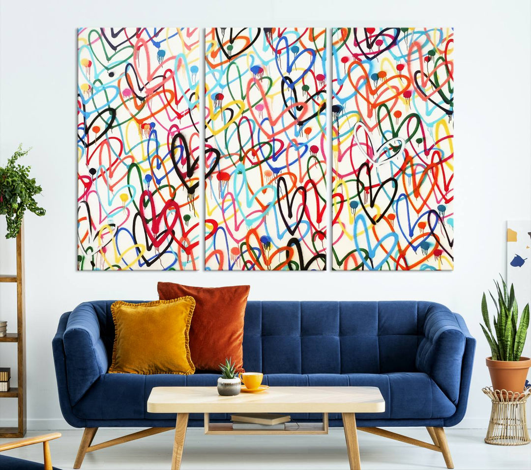 The "Colorful Love Canvas print," featuring vibrant abstract street art with overlapping loops, is handmade in the USA.