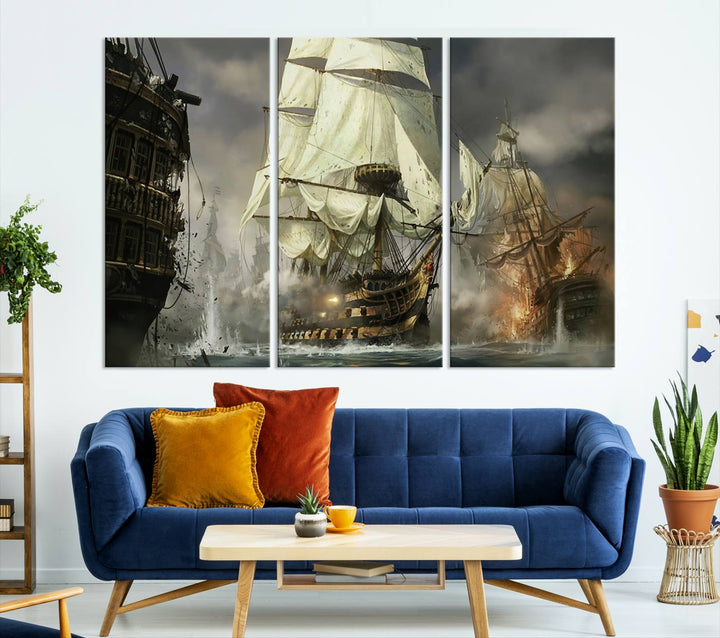 The Pirate Ship War Wall Art Canvas Print, featuring a stunning three-panel depiction of an intense sea battle with tall ships, boasts a gallery-quality finish that adds an elegant touch to its display.