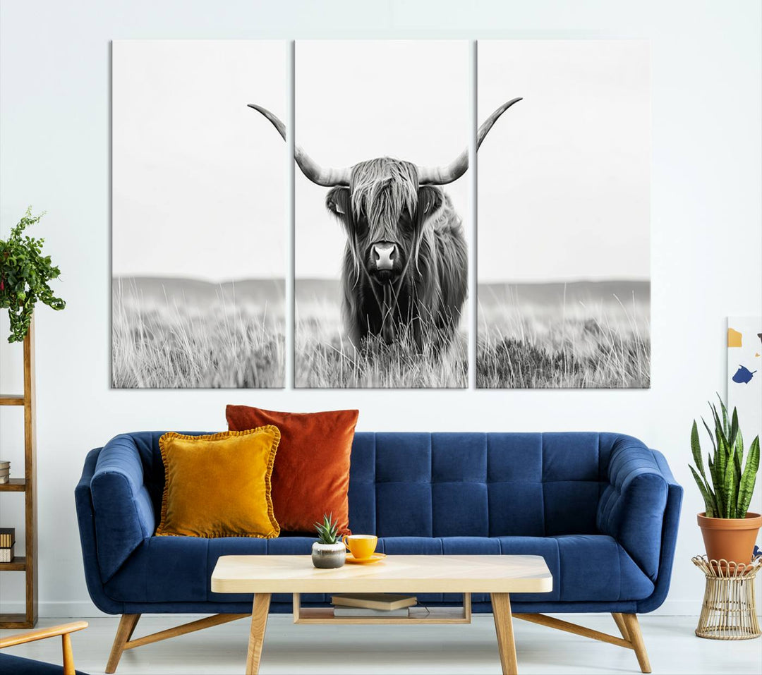 The living room is enhanced by a stunning three-panel Longhorn Wall Art Canvas Print. This museum-quality piece of Texas Longhorn Art comes on a gallery-wrapped canvas with a UV-protective coating to keep it vibrant under everyday light exposure.