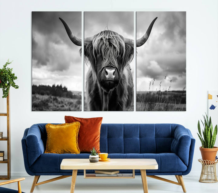 A stunning gallery-quality piece, the "Scottish Cow Wall Art Canvas Print | Longhorn Wall Art | Bighorn Animal Wall Art," depicts a Highland cow with long horns and shaggy fur. This captivating wall art elegantly enhances the space.