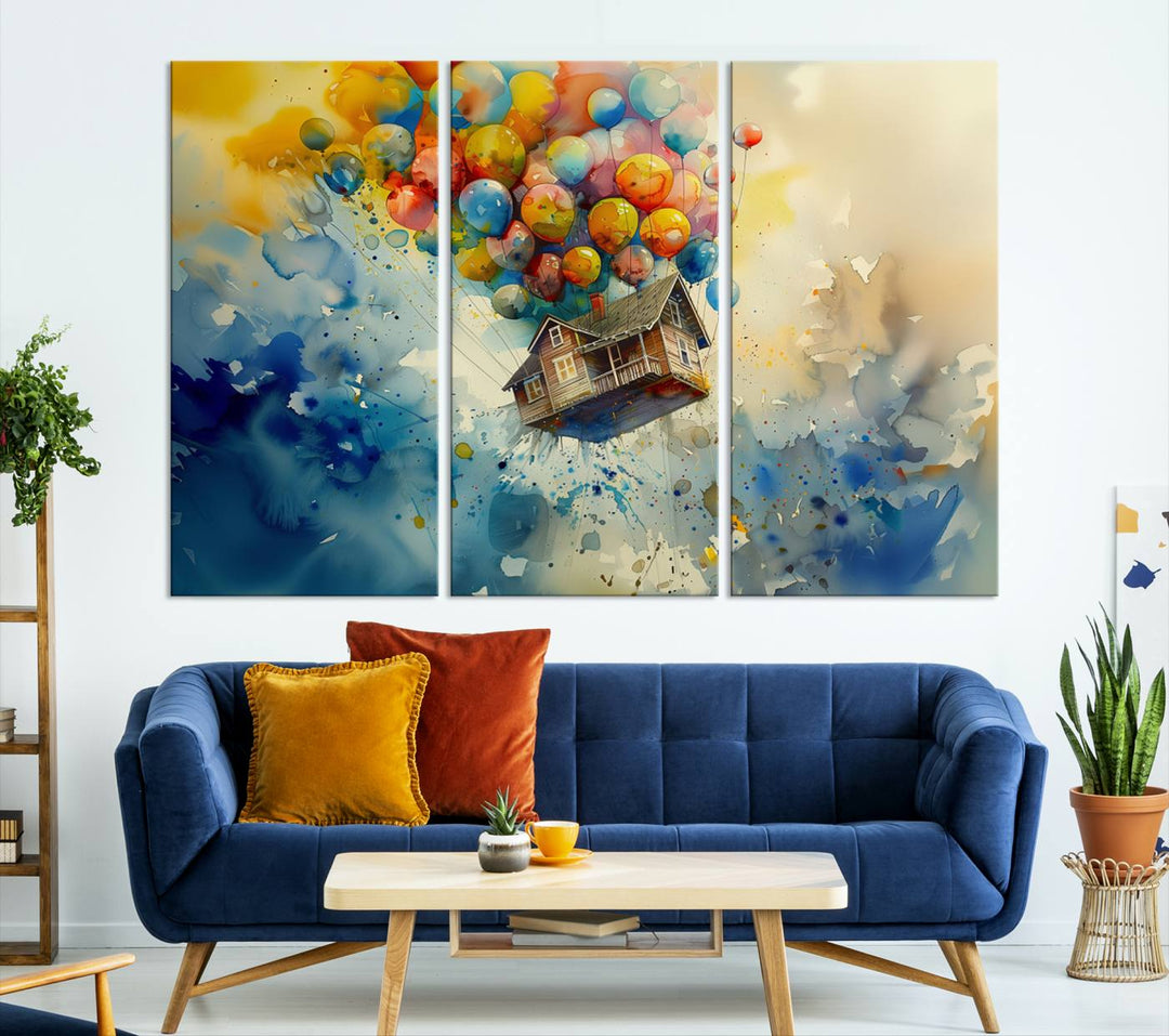 The Cartoon Movie Wall Art Canvas Print, featuring a vibrant house lifted by balloons and split across three panels, serves as captivating wall art. Handmade in the USA, it adds charm and whimsy to any space.