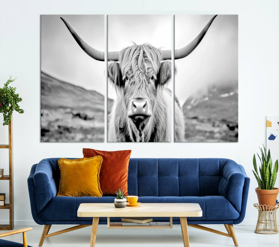 A "Scottish Cow Wall Art Canvas Print" with a gallery-quality finish hangs prominently.