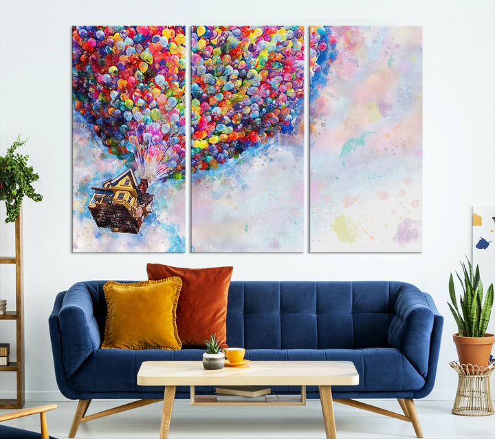 The "Watercolor Cartoon Movie Balloons Canvas Print" is showcased, depicting a whimsical house being lifted by colorful balloons. This triptych wall art is crafted on museum-quality canvases with a UV-protective coating to maintain its vibrant colors, making it ready to hang in any room.