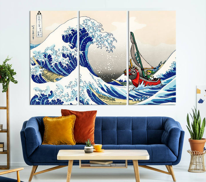 The Katsushika Hokusai Kanagawa Giant Wave Wall Art Canvas Print, featuring iconic Japanese art, brings a touch of modern artistry to the living room.