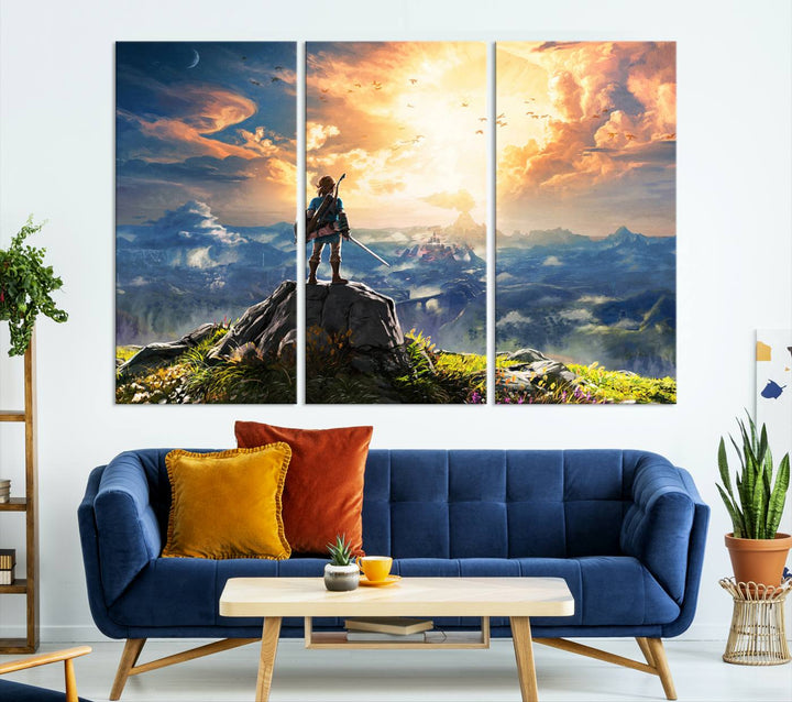 The Legend of Zelda Breath of the Wild Game Wall Art Canvas Print showcases a fantasy landscape with a character on a cliff, all rendered in gallery-quality finish on premium canvas.