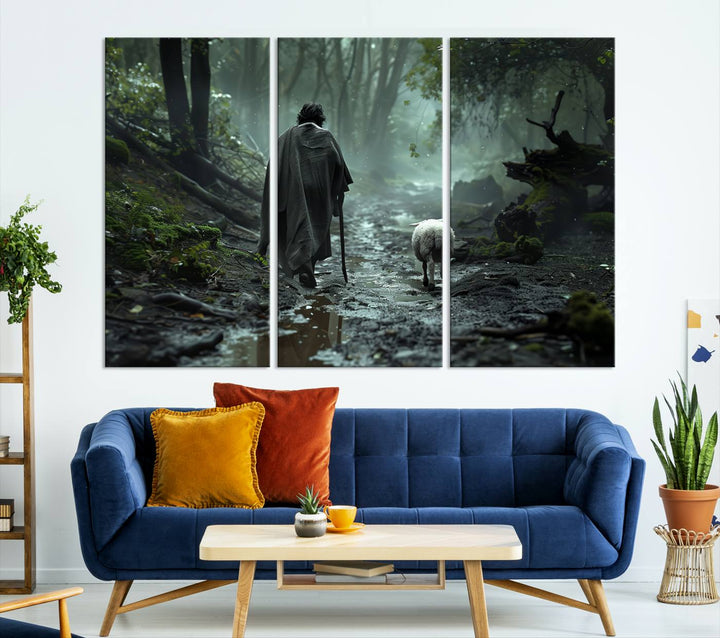 The "Forest Jesus Shepherd Canvas Wall Art" features a person with a cane, clothed in a cloak, walking beside a sheep through a misty forest. This piece captures tranquility and is ideal for adding serenity to your living room, office, or bedroom decor.