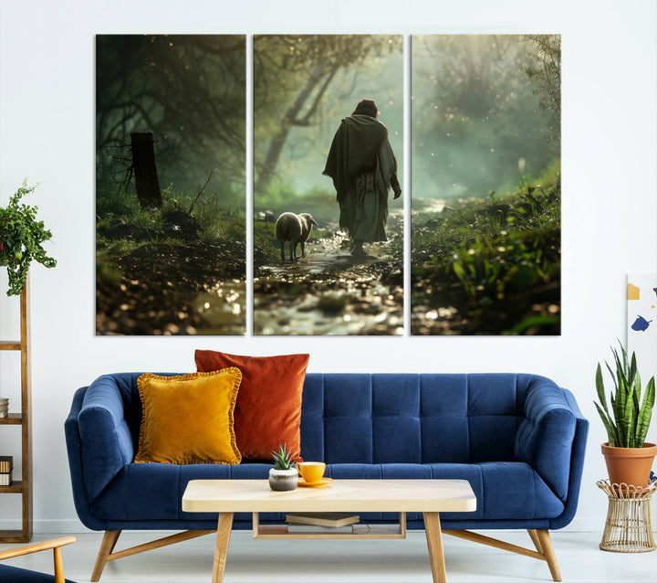 The wall art piece, titled "Jesus Shepherd a Lost Lamb Canvas Wall Art Print," is suspended on the wall and depicts a robed figure and a lamb wandering along a forest path.