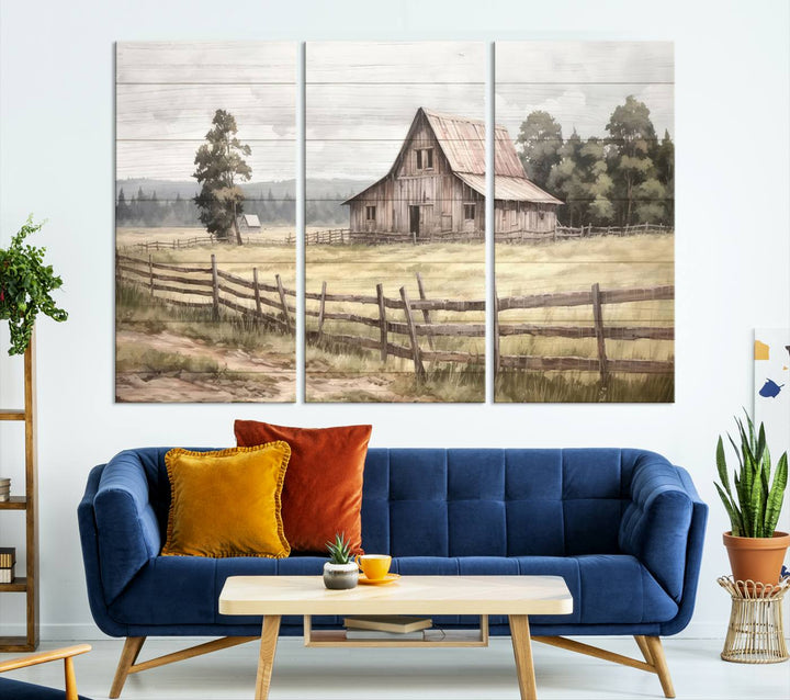 The three-panel framed gallery wrap giclee canvas print, titled "Rustic Farmhouse Barn Wall Art," showcases a country landscape with a wooden fence.