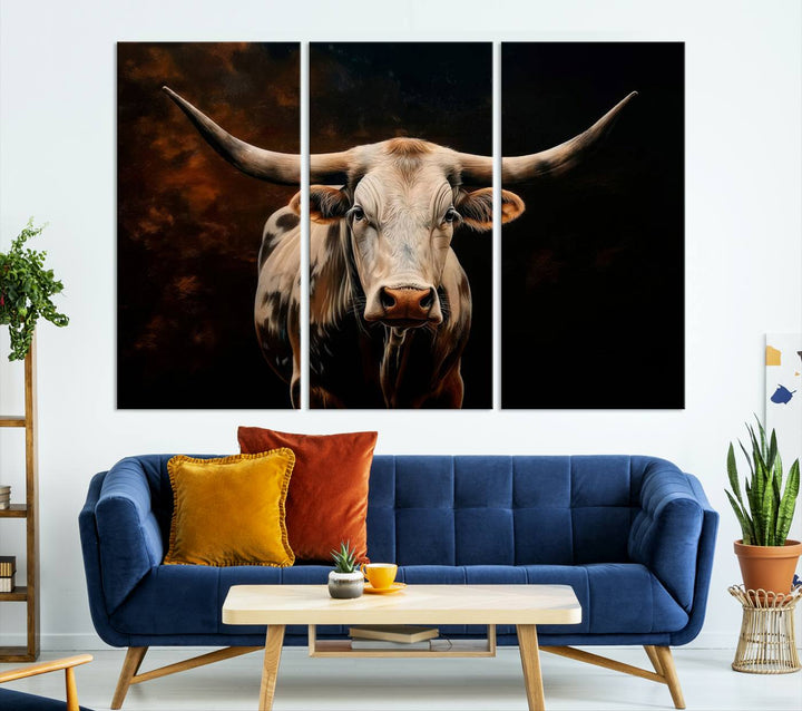 The Texas Longhorn Wall Art, a 3-panel large canvas print, infuses the room with a dash of cowboy charm.