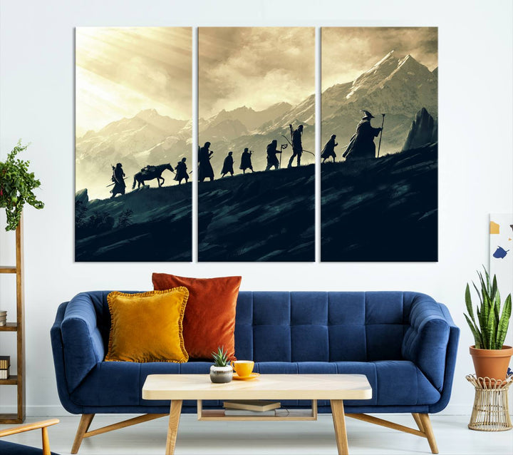 A canvas print titled "Lord of the Rings Silhouette Wall Art Capturing the Epic Quest Through Middle-Earth - The Fellowship's Journey" is displayed.