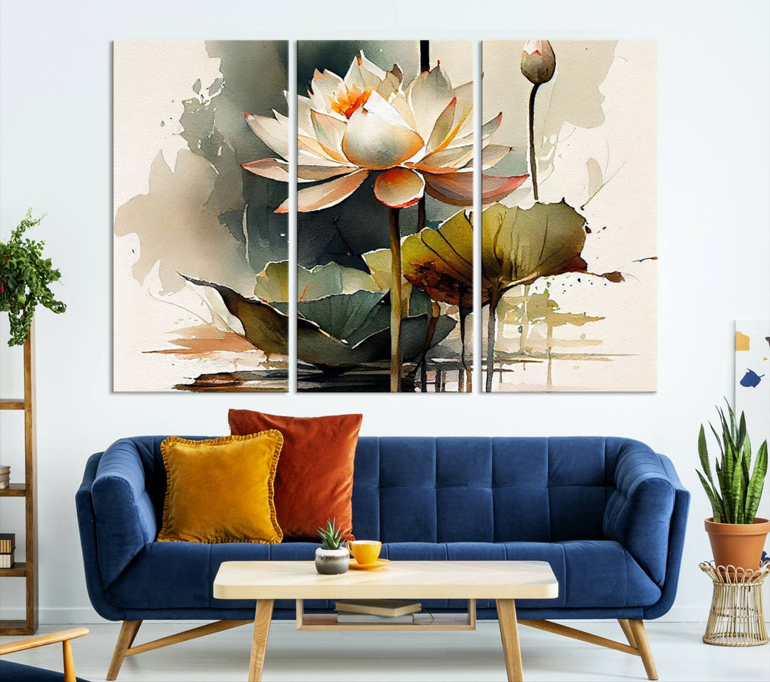 The Lotus Flower Watercolor Canvas Print, a contemporary wall art piece symbolizing serenity and growth with its soft watercolors, adorns the wall.