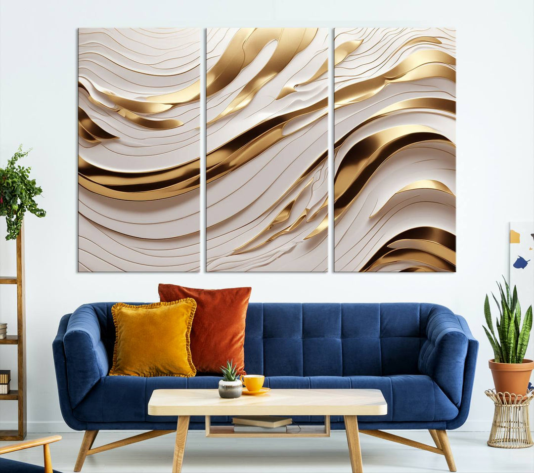 The "Gold and White Abstract Wave Canvas – Elegant Flowing Design with Luxurious Golden Accents" beautifully enhances the area and creates a stunning focal point in the room.