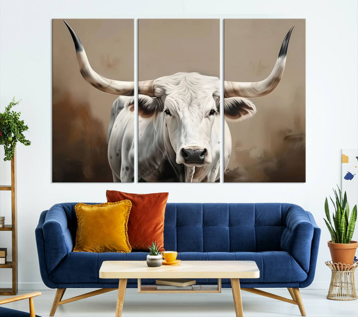 Texas Longhorn Canvas Wall Art features a triptych design on premium canvas with a gallery-quality finish.