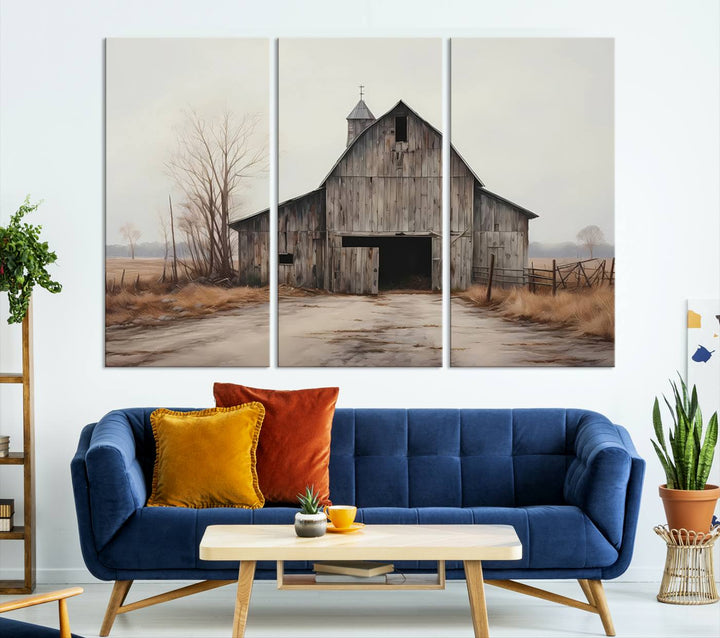 A framed and ready-to-hang Farmhouse Rustic Barn Wall Art Canvas Print is displayed against a gray wall. This stylish modern living room seamlessly combines rural life wall décor with contemporary comfort.