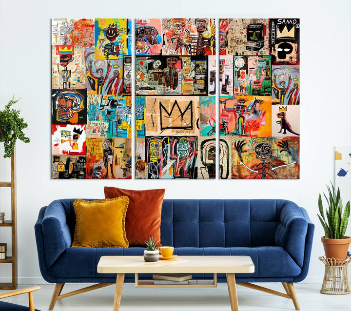 A vibrant Basquiat Art Collage Wall Art Canvas Print in an urban graffiti style adds a modern artistic flair.