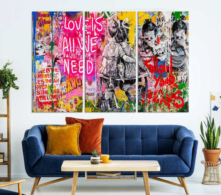 A vivid display of the "Follow Your Dreams & Love is All We Need" graffiti street art energizes a modern room with its three-panel arrangement. This bold giclee canvas print infuses any contemporary space with dynamic flair.