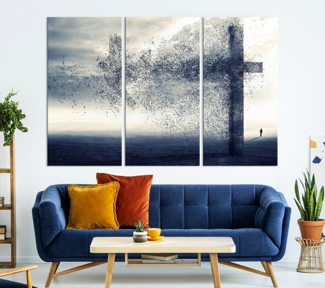 The "Jesus and the Fading Cross – Symbol of Faith" framed canvas print beautifully depicts a cross formed by birds against a moody sky above an ocean. This piece of Christian wall art infuses spirituality into the minimalist space.