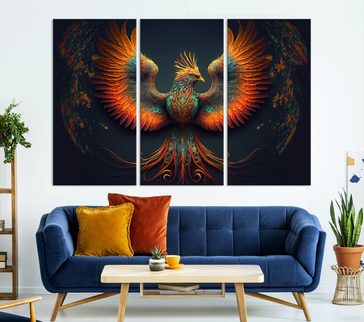 The Majestic Phoenix Wall Art Canvas Set, a fiery symbol of rebirth and strength, graces the wall.