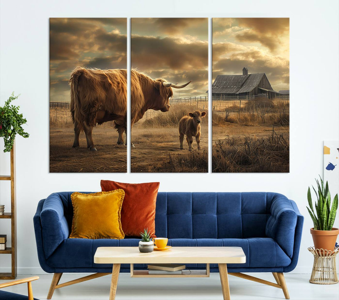 The living room features the "Highland Cow Canvas Wall Art Animal Print Pictures Fluffy Cattle Art," which captures a cow and calf in a rural sunset scene, adding gallery-quality charm.